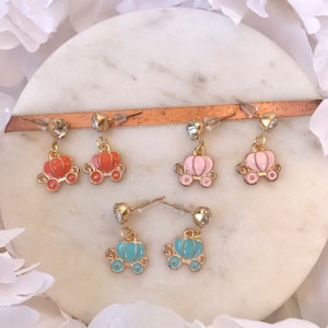 Pink, Blue, or Orange Pumpkin Carriage Gold Rhinestone Studs Earrings