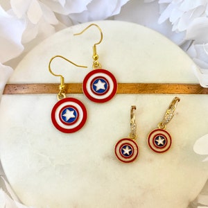 Captain America’s Shield Earrings Red White and Blue Earrings Rhinestone Huggy Hoop Dangly Earrings Gold Plated Ear Wires Dangly Earrings