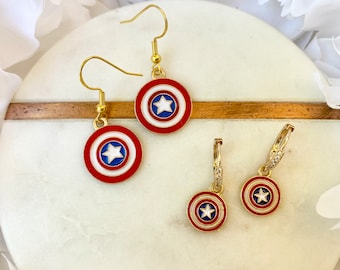 Captain America’s Shield Earrings Red White and Blue Earrings Rhinestone Huggy Hoop Dangly Earrings Gold Plated Ear Wires Dangly Earrings