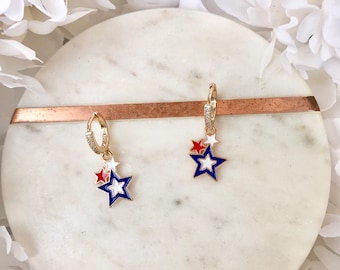 Red White & Blue Stars Gold Rhinestone Huggy Hoop Dangly Earrings