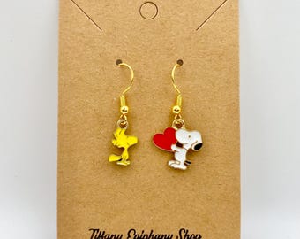 Peanuts inspired Snoopy and Woodstock earrings petite for Valentines Day gift for her