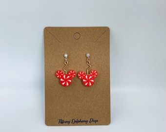 Peppermint Mickey Head Dangly Earrings with Rhinestone Post Disney Inspired Holiday Earrings for Christmas Gift for Her