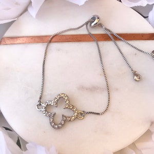 Rhinestone Clover Dainty Silver Adjustable Bracelet