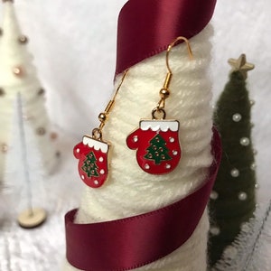Guanti per le feste, orecchini pendenti per regalo per lei, orecchini a guanto per regalo di Natale, guanti per albero di Natale, orecchini pendenti dorati per lei