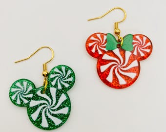 Red and Green Peppermint Mickey and Minnie Head Dangly Earrings for Christmas Gift for Her