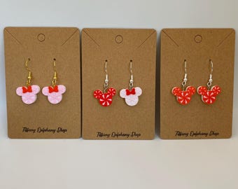 Red or Pink Peppermint Mickey and Minnie Head Dangly Earrings for Christmas Gift for Her