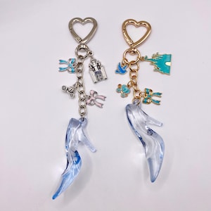 Cinderella Glass Slipper Purse Charm with Heart Clasp in gold or silver hardware with enamel charms