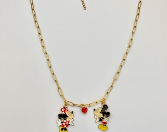 Disney Inspired Mickey & Minnie Heart Hands Charm Necklace with Paperclip Chain Necklace for Her