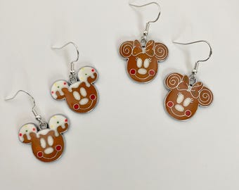 Disney Inspired Mickey and Minnie Gingerbread  Dangly Earrings for Christmas Gift for Her