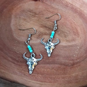 Silver Bull Skull Dangly Earrings