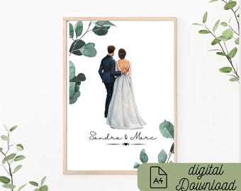 Cartel de boda, cartel de pareja personalizable con nombre, como archivo PDF A4, eucalipto