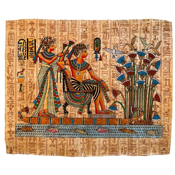 ツタンカーメン王と女王のパピルス画、エジプト象形文字絵画（17×13