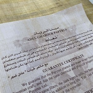 May include: A certificate of authenticity for papyrus paper made by Adel Ghabour Papyrus. The certificate is printed in Arabic and English and states that the papyrus is made from the same plant used by ancient Egyptians. The certificate also states that the papyrus is made with the same chemical and physical properties as the original papyrus.
