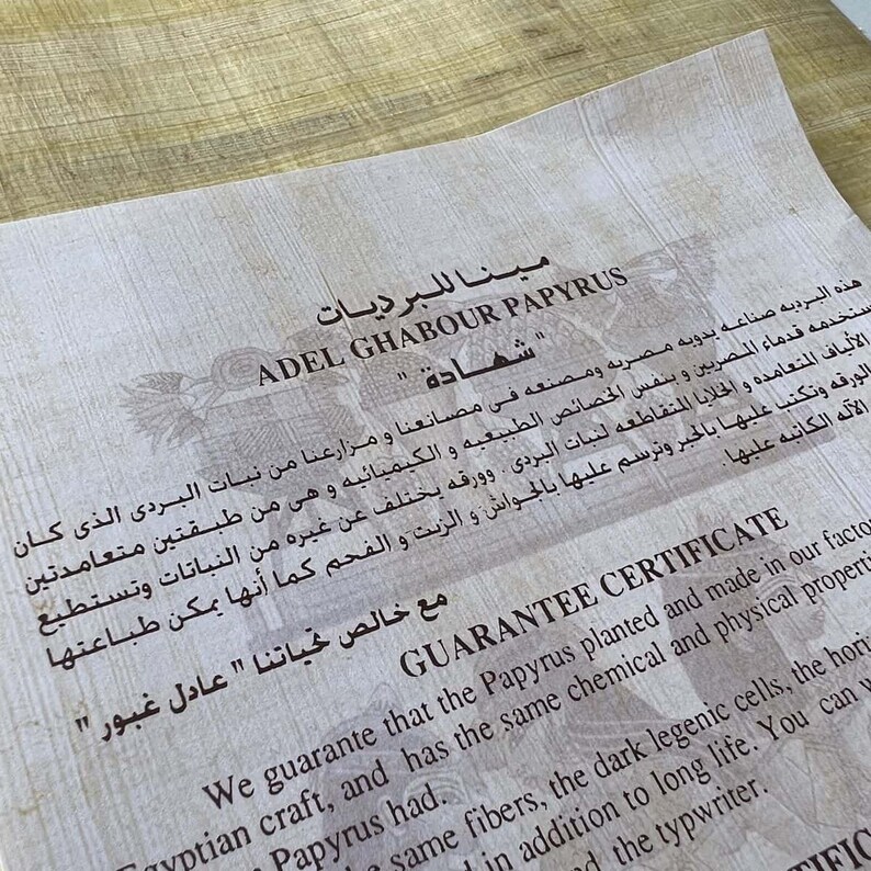 May include: A certificate of authenticity for papyrus paper made by Adel Ghabour Papyrus. The certificate is printed in Arabic and English and states that the papyrus is made from the same plant used by ancient Egyptians. The certificate also states that the papyrus is made with the same chemical and physical properties as the original papyrus.
