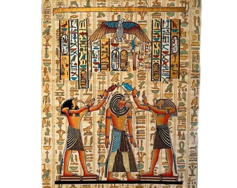 Ramses II Coronation - Thoth and Horus pouring life on Pharaoh • Egypt Papyrus Painting • Authentic Art of Ancient Egypt • Handmade Egypt