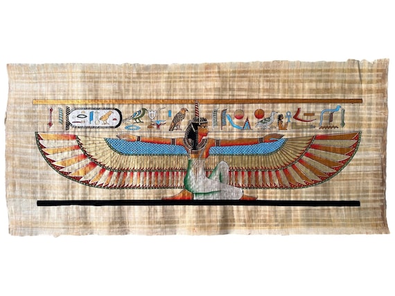 エジプト　パピルス　絵画　大きいSIZE 大型マアトパピルス版画 - エジプトの女神の翼、古代の装飾（36x16