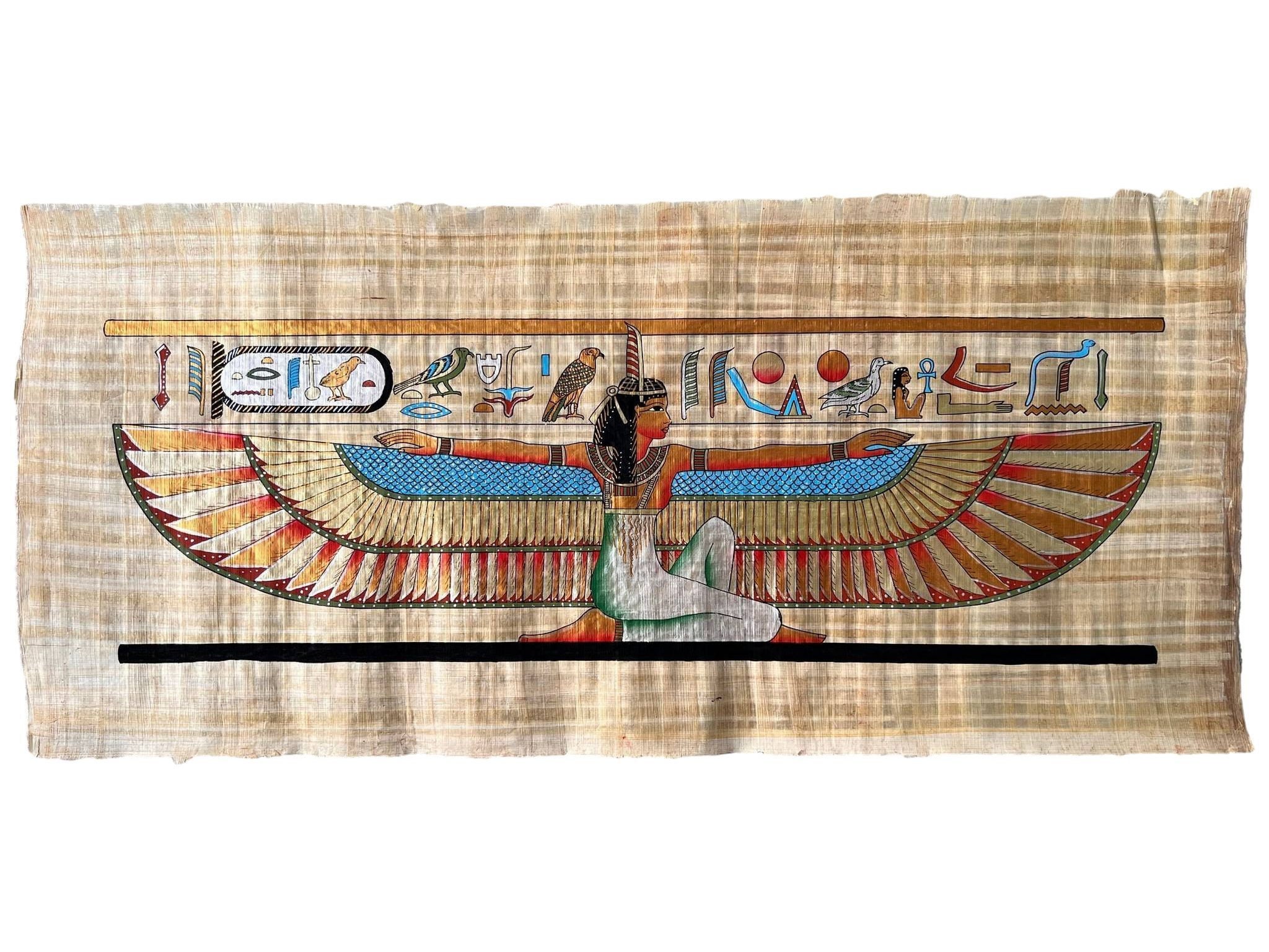 大型マアト・パピルス絵画、エジプトの女神の翼、古代装飾（36×16