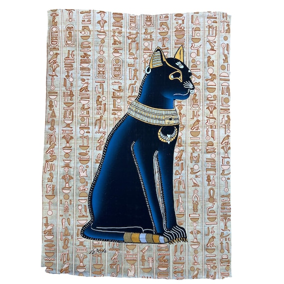 バステトのパピルス絵画 – エジプトの猫の女神の芸術、手描きの象形
