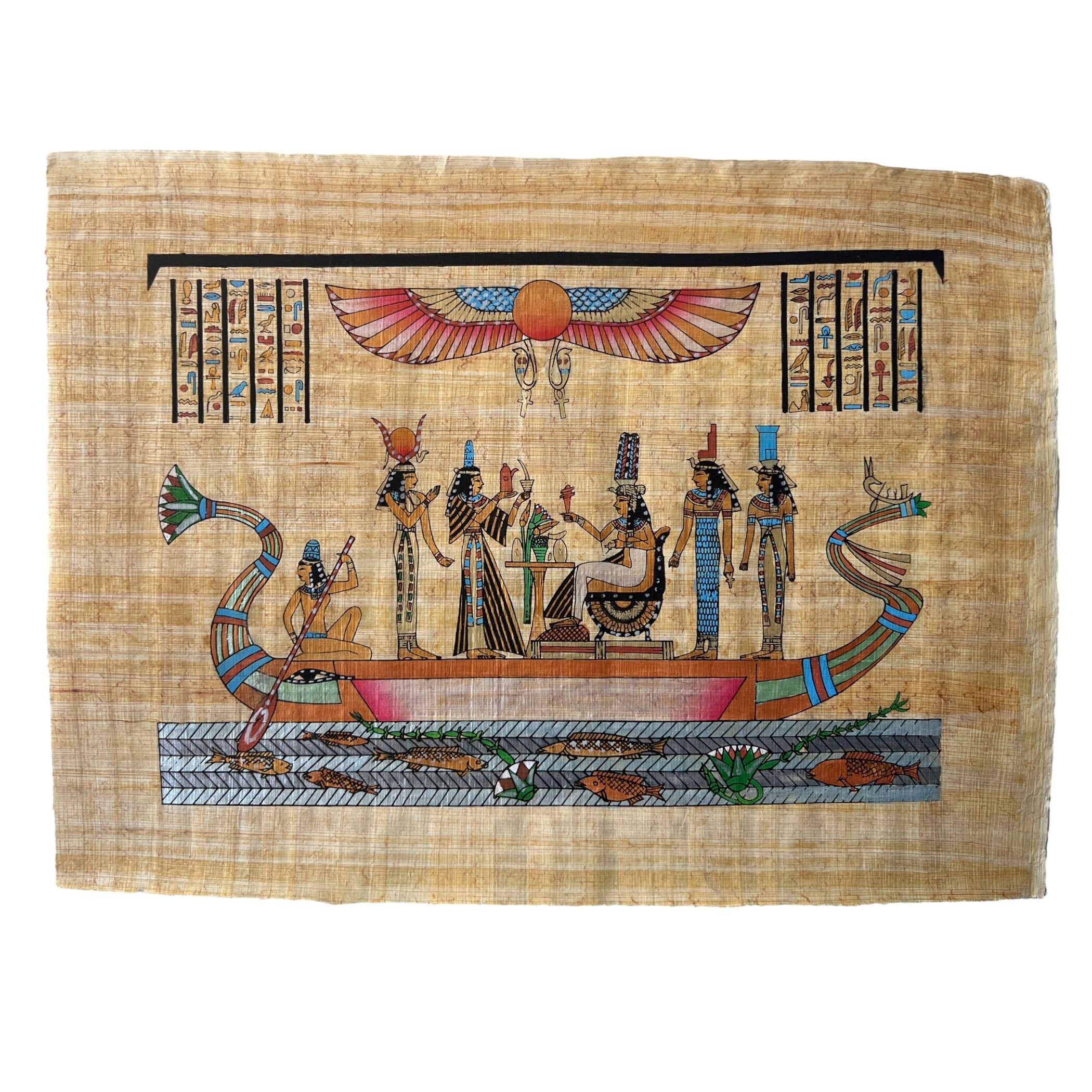 パピルス/古代エジプト風 船のアート作品 フレーム付き パピルス絵画 A4サイズ ナイル川を進む神々を乗せた太陽の船【単品は