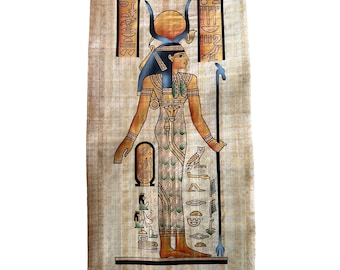 Hathor Portrait Art Poster: Egyptian Goddess Papyrus Painting (24x12 Inches)