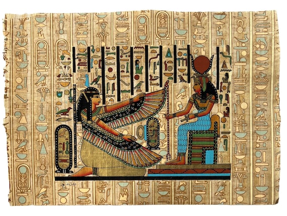 ヴィンテージ手描きパピルス - マアトとイシス、エジプトの女神アート