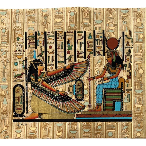 Maat - Diosa Isis • Papiro auténtico vintage pintado a mano con firma • maat isis • Decoración del Antiguo Egipto • Diosa del papiro de Egipto