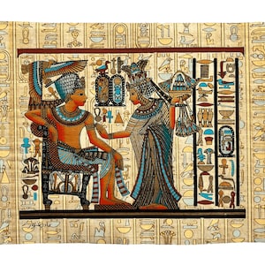 Tutankhamun Receives Flowers from Ankhesenamen as A Sign of Love in A Garden - Scene from Golden Shrine Tutankhamun&#39;s Tomb - Papyrus Art