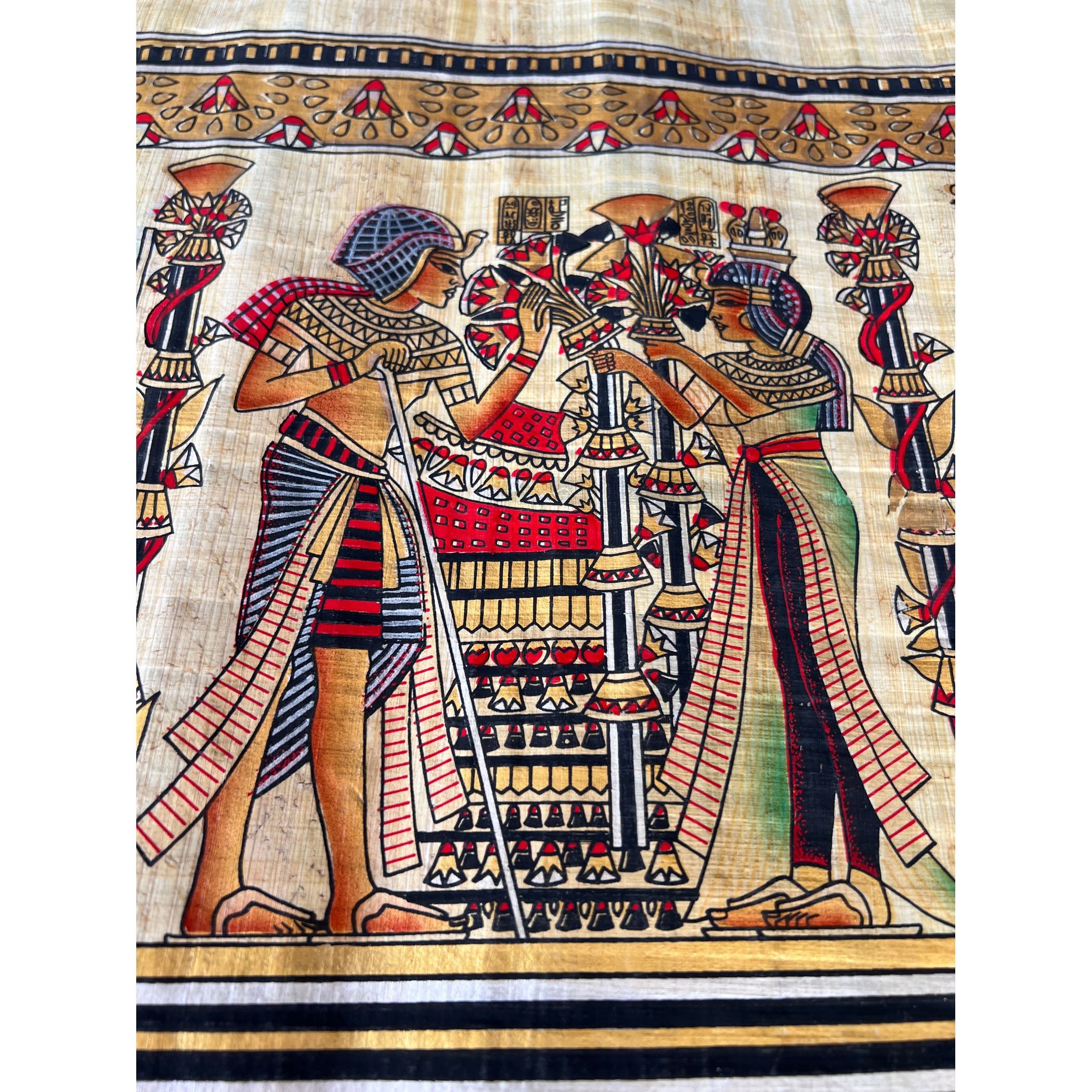 古代エジプト大型パピルス画 ツタンカーメン インテリア アンティーク ツタンカーメンとアンケセナーメンのパピルス画：エジプトの愛の情景画