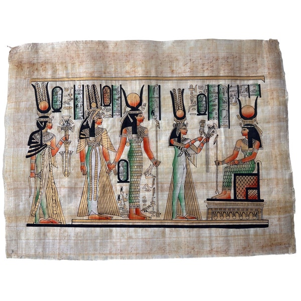 Egypt Gods, Goddesses, Queen Nefertari Offering Lotus Flowers to The Goddess Isis, Made in Egypt, Ancient Egyptian Gifts, 17x13 Inches