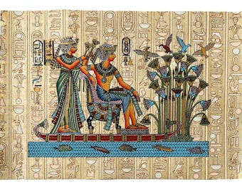 Cruising the Nile • Egyptian Original Hand Painted Painting Hieroglyphs Papyrus Art • Egypt Decor • 13x9 inch
