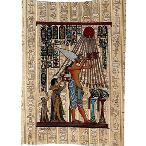The Sacred Sun Ritual Of King Akhenaten Papyrus Painting - Akhenaton and Wife Nefertiti The Aten Ritual - Handmade Hand Painted in Egypt