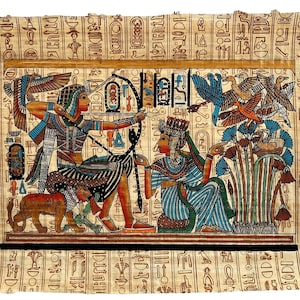 King Tut and His Wife & Half-Sister Ankhesenamun Hunting Birds in The Papyrus Garden - Hand Painted Papyrus Painting for Home and Office Art