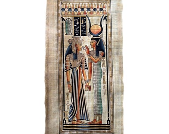 Hathor and King Tut Portrait, Room Decor Painting, Ancient Egyptian Rectangle Papyrus Large Wall Art for Living Room 24x12 Inches - 60x30 cm