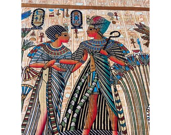 ツタンカーメン王とアンケセナメン王妃のパピルス画、特大エジプト壁画