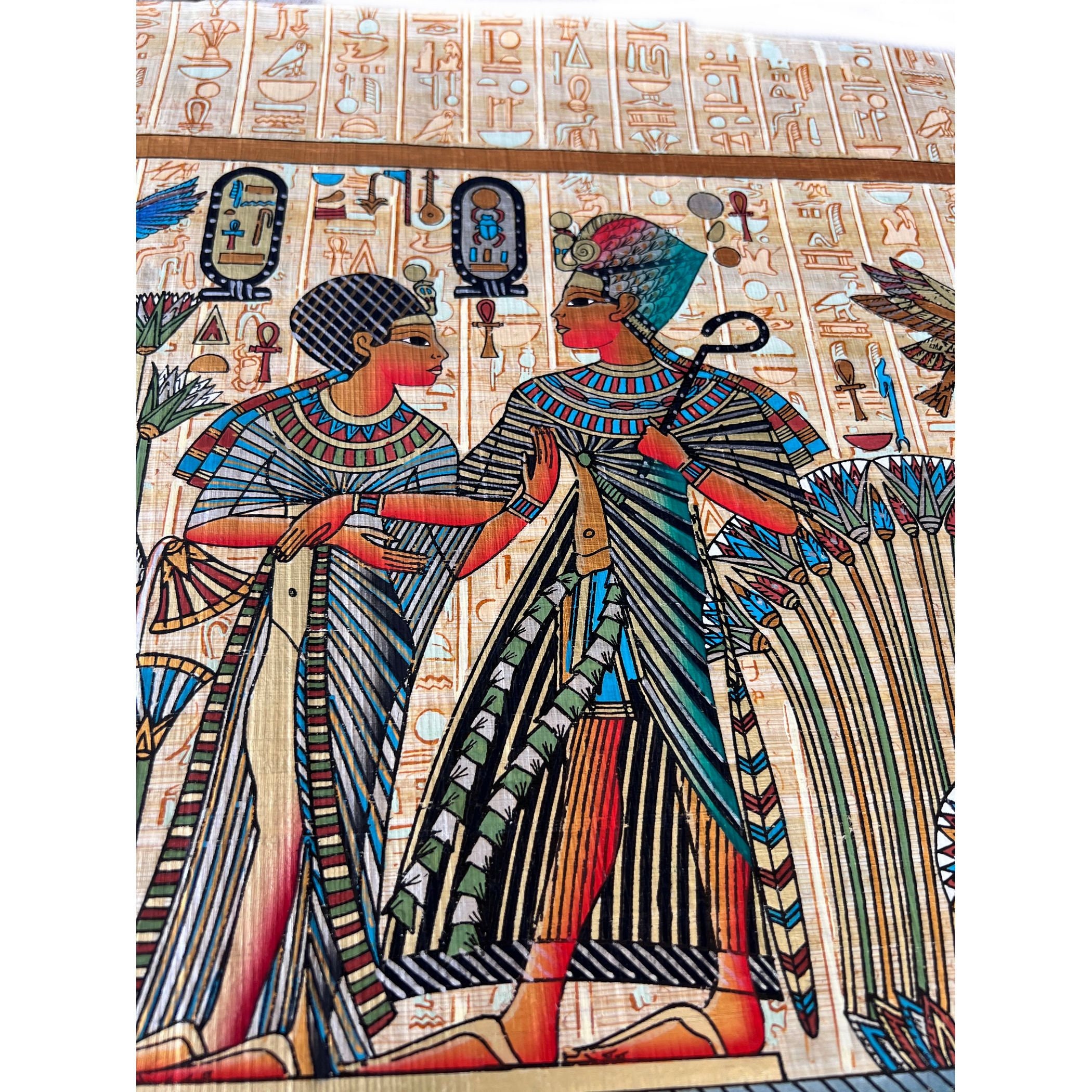 ツタンカーメン王とアンケセナメン王妃のパピルス画、特大エジプト壁画
