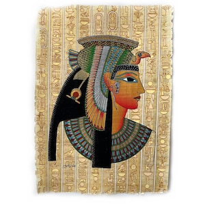 Queen Cleopatra The Greek Queen of Ancient Egypt • Symbol of Powerful Seductive Women • Papyrus Egyptian Paper with Hieroglyphics Background