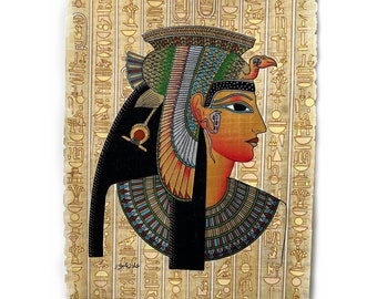 Queen Cleopatra The Greek Queen of Ancient Egypt • Symbol of Powerful Seductive Women • Papyrus Egyptian Paper with Hieroglyphics Background