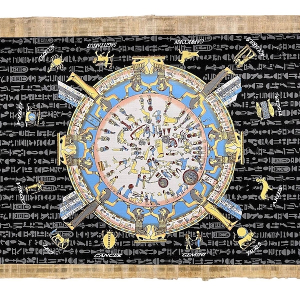 Zodiac Signs Dates Astrological Calendar Wall Decor Painting of Ancient Egypt on Papyrus Painting - Moon Stars Sun - Dendera Zodiac 12 Signs