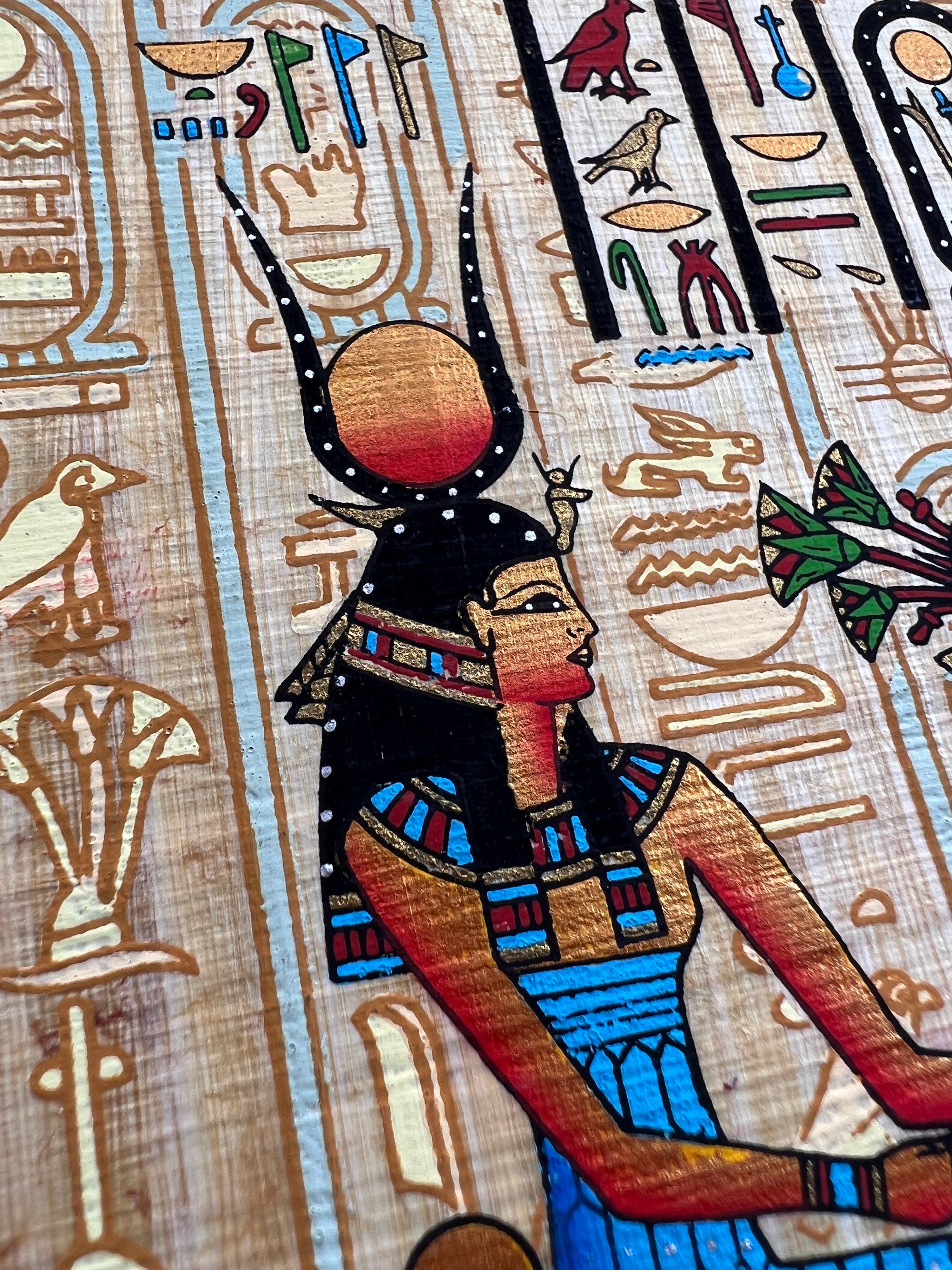 ラムセス2世とハトホル女神のパピルス画 – エジプトの神々 (13×9インチ