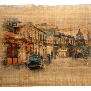 Havana Cuba Street Painting Sketch - Vintage Printing on Authentic Egyptian Papyrus Paper • Best Gift for Cuba Lovers • Vintage Look