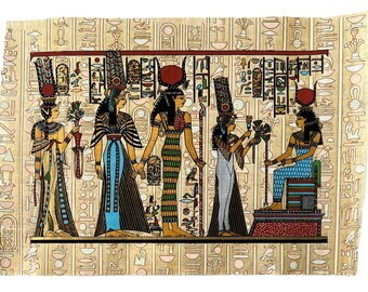 ヴィンテージ手描きパピルス - マアトとイシス、エジプトの女神アート