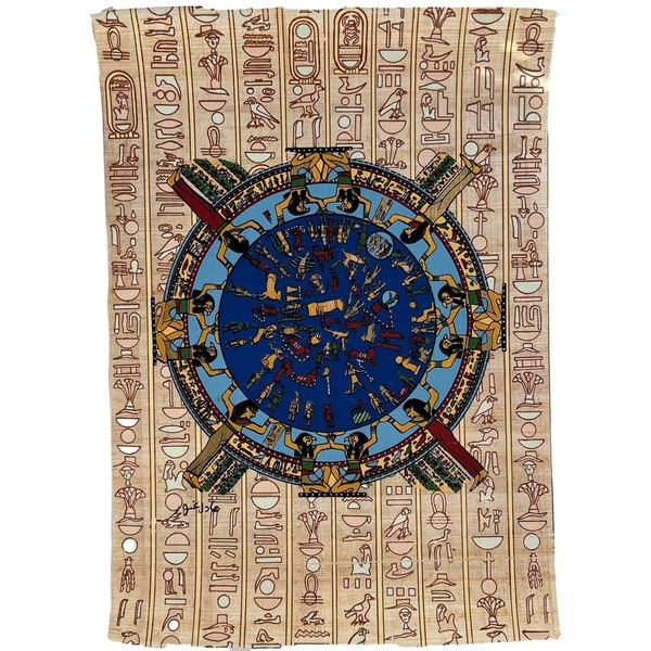 Ancient Egypt Astrological Calendar Papyrus Painting - Sun Moon Stars - Dendera Zodiac 12 Signs Egyptian Astrology - Painted on Egypt Paper