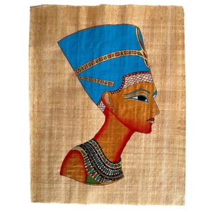Egyptian Papyrus Painting, Nefertiti Ancient Egypt’s Sun Queen, Hand Painted Papyrus Wall Art Beautiful Woman, Historical Gifts 13x17 Inches