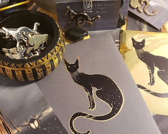 Black Cat Sticker Egyptian Bastet Stickers - Egypt Gifts - Black Cat Decal - Planner Scrapbook Journal Stickers - Gold Foil Metallic Chrome