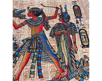 ツタンカーメン王とアンケセナメン王妃のパピルス画、特大エジプト壁画