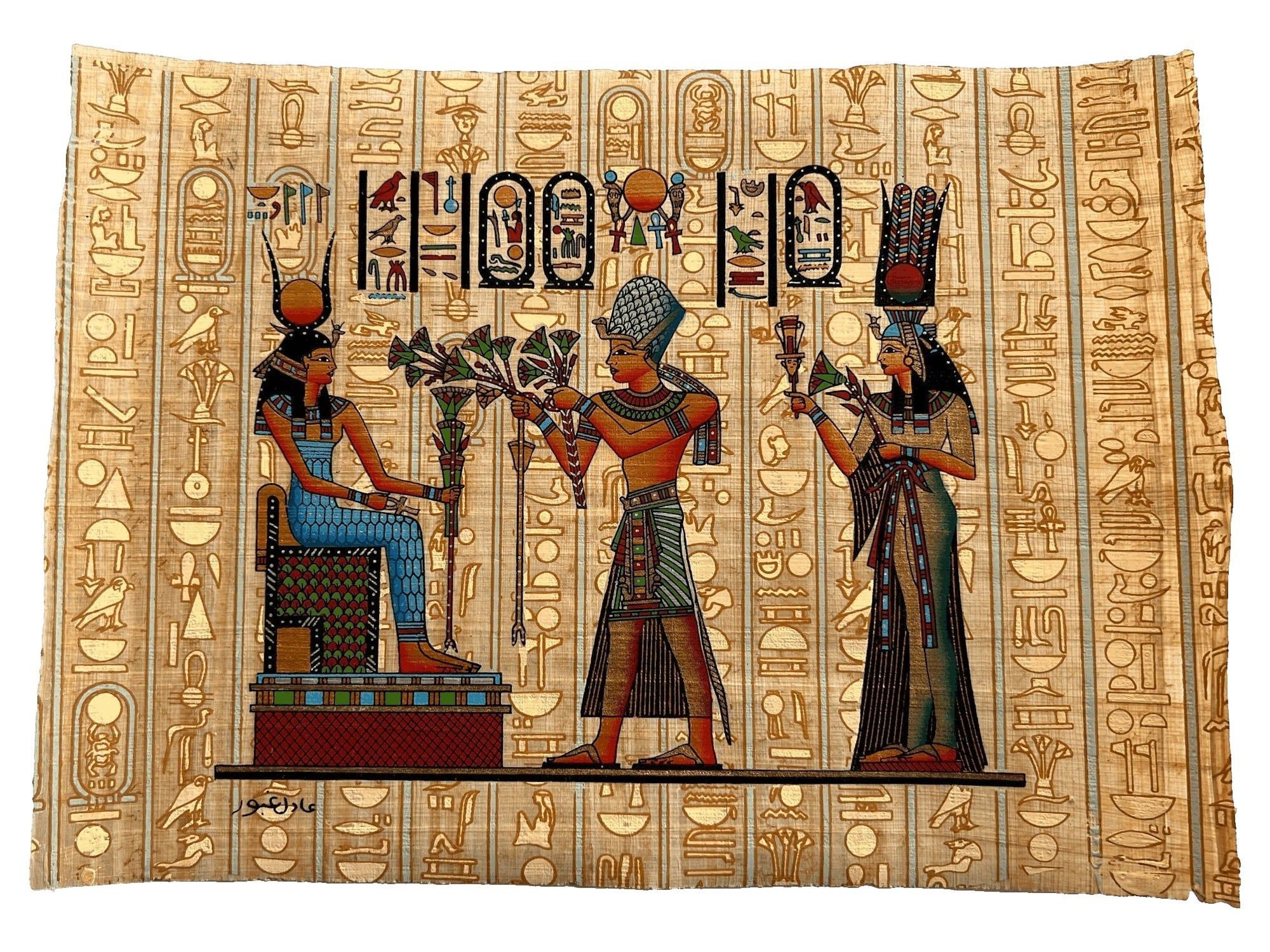 エジプトパピルス画 ラムセスチャリオット ラムセス2世とハトホル女神のパピルス画 – エジプトの神々 (13×9インチ