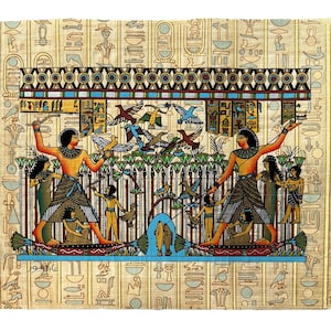 Nebamun Hunting And Fishing In Boat With Hatshepsut And Daughter On Papyrus Raft Papyrus • Handmade and Hand painted In Egypt • 13x9 inch