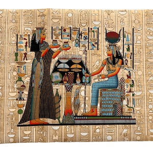 May include: An Egyptian papyrus painting depicting two women in traditional clothing. The woman on the left is offering a cup to the woman on the right, who is seated on a throne. The painting is surrounded by hieroglyphs.