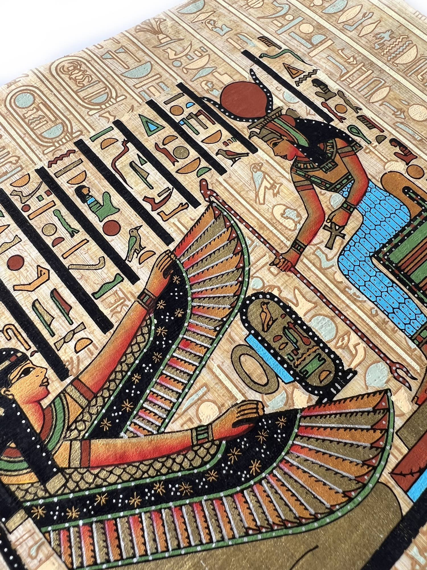 ヴィンテージ手描きパピルス - マアトとイシス、エジプトの女神アート