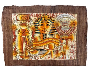 Scarab, Eye of Horus, Tutankhamun and Ankh on Antiqued Papyrus, Glow in the Dark Brown Papyrus - 17x13 Inches